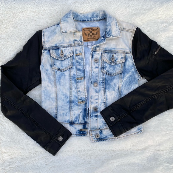 Freestyle Revolution Jackets & Blazers - tie dye jean jacket with black leather sleeves